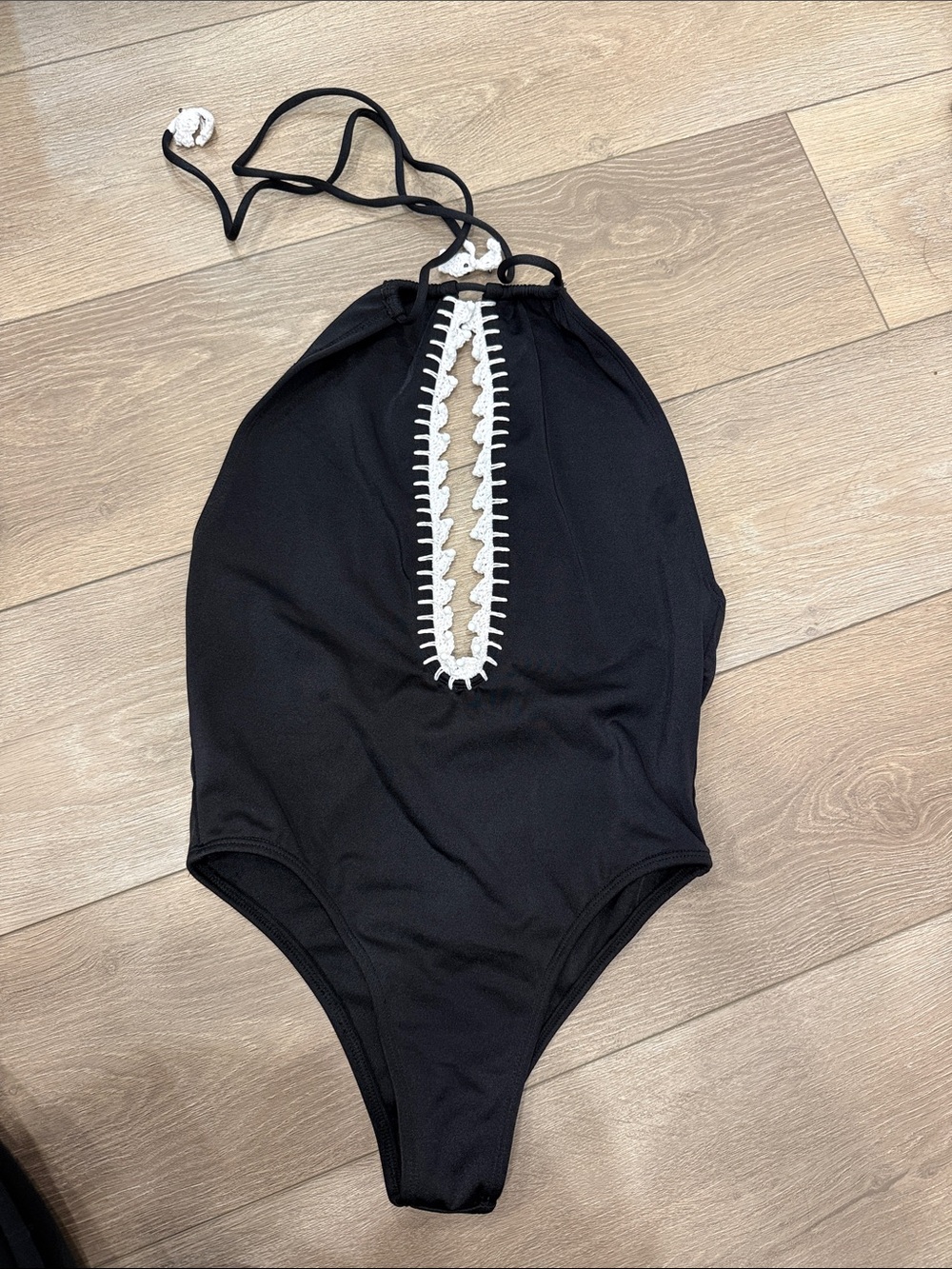 Andie Black One-Piece Swimsuit with White Crochet Placket